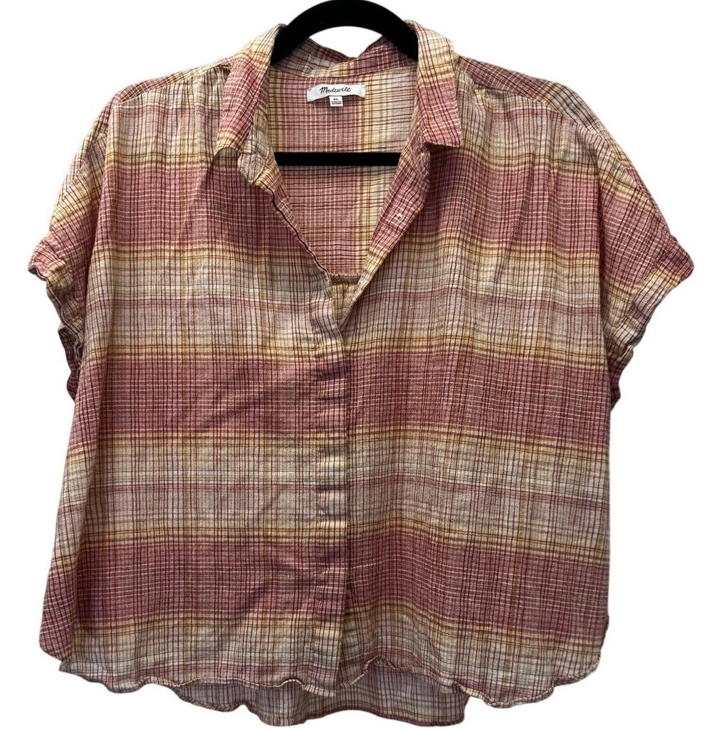 Madewell plaid crop camp shirt, short sleeve, size XL boho